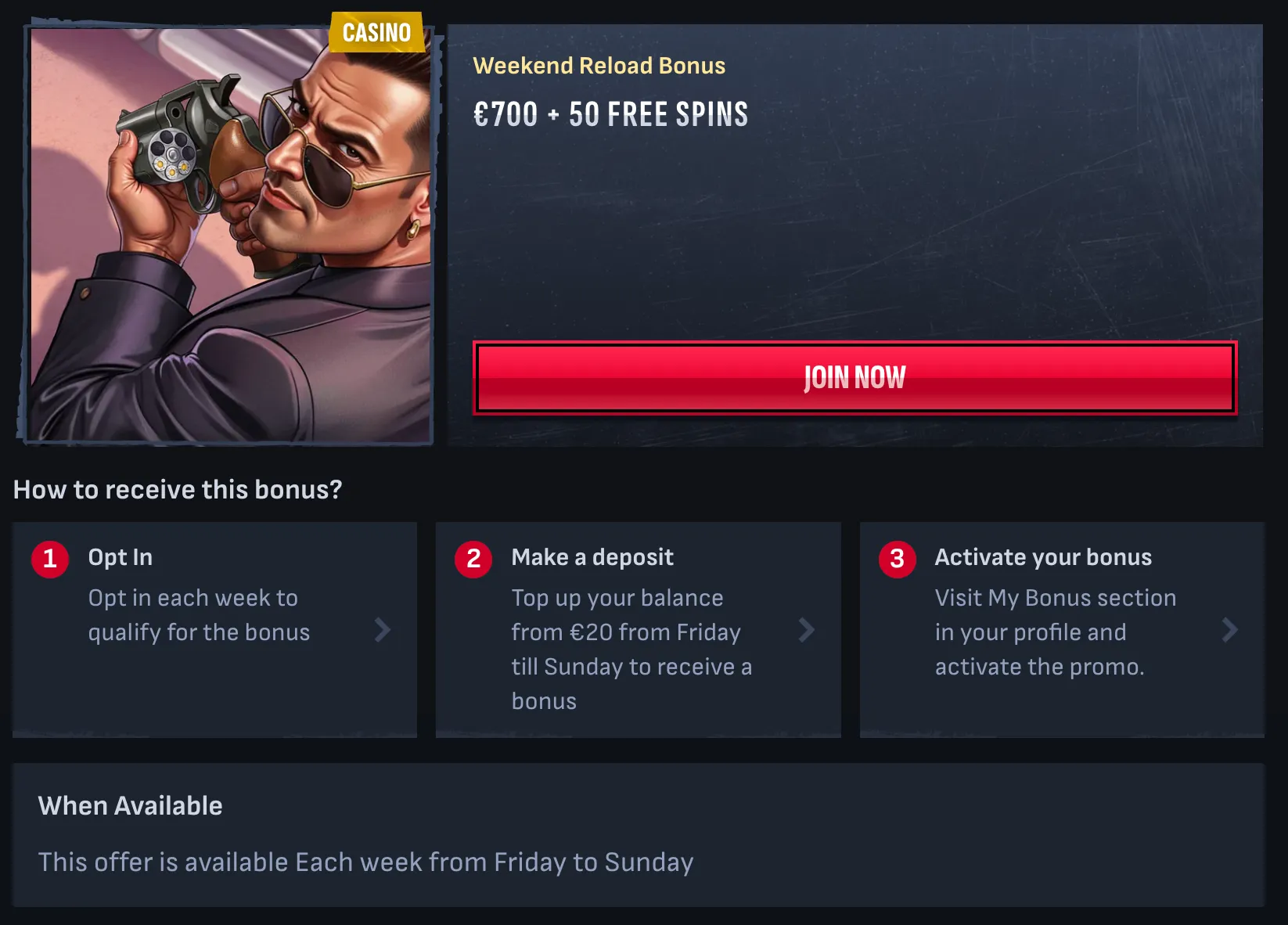 Wochenend-Reload-Banner für Mafia Casino, das den 1050-Dollar-Bonus zeigt