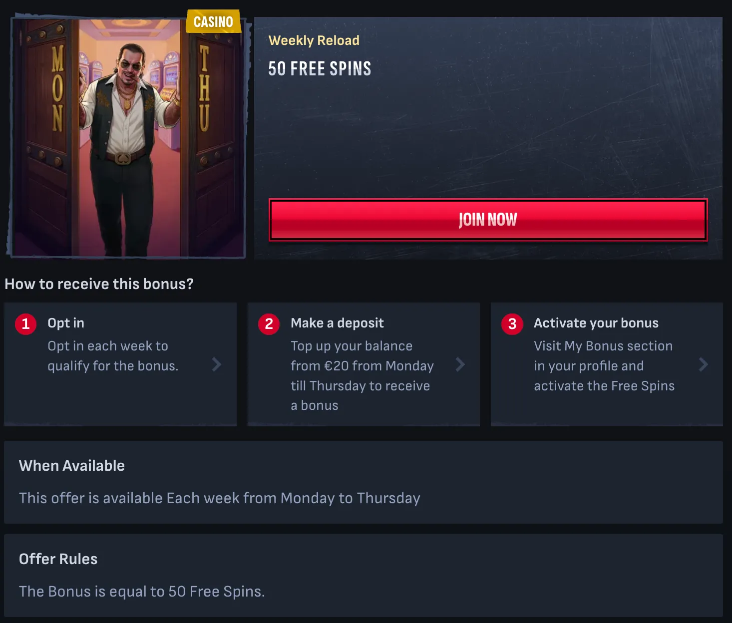 Wöchentliche Reload-Aktion des Mafia Casinos für Spieler unter der Woche